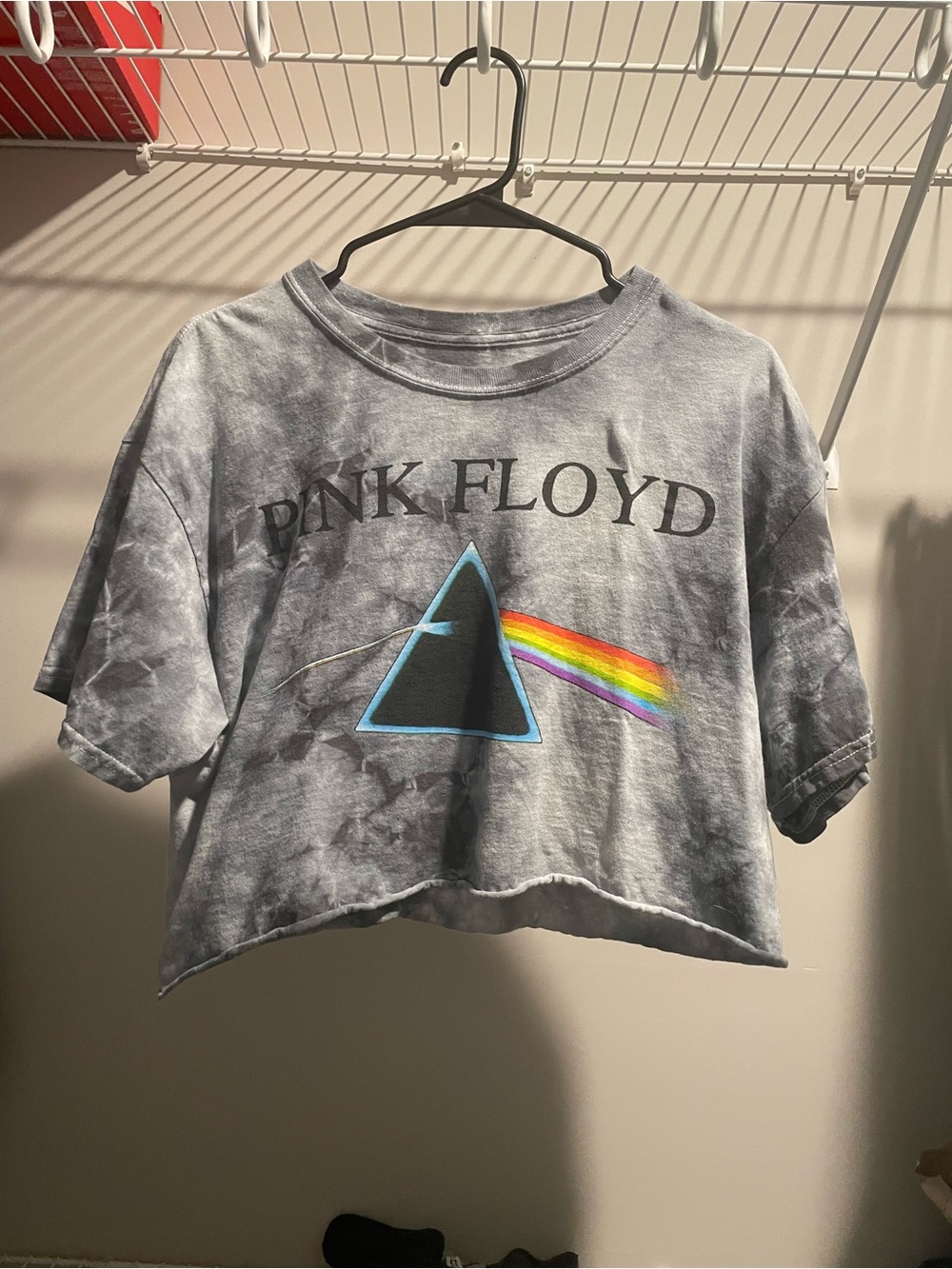 Pink Floyd Gray Tie-Dye Cropped Tee with Rainbow Prism